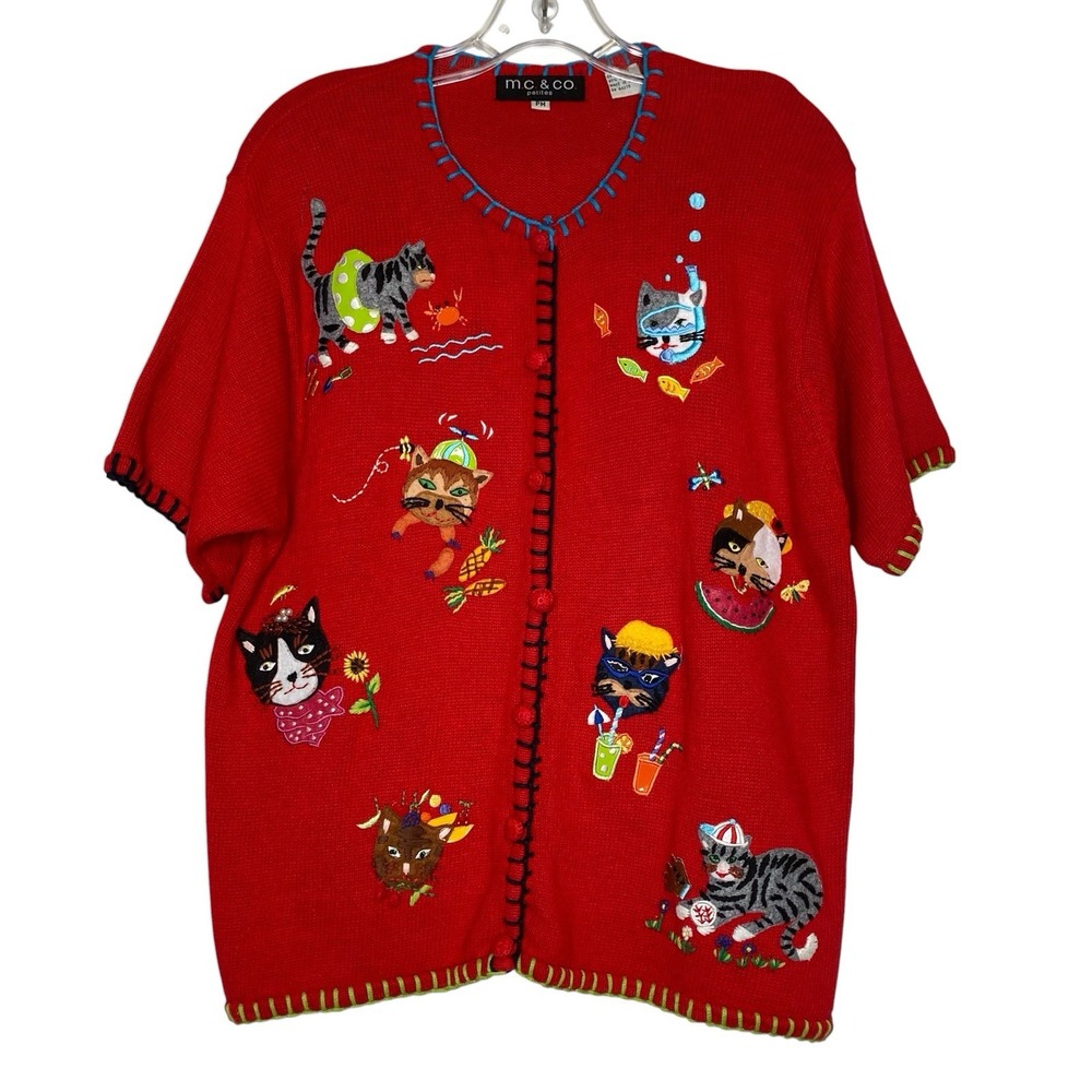 Marisa Christina Cat Cardigan Size PM Red Knit V-Neck Whimsical Novelty